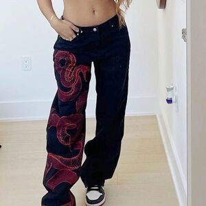 KClot Snake Print Boyfriend Jeans Black/Red S (28) NWT IN PACKAGE